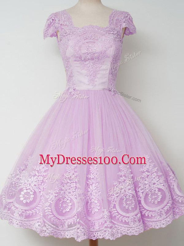 Ideal Square Cap Sleeves Tulle Dama Dress Lace Zipper