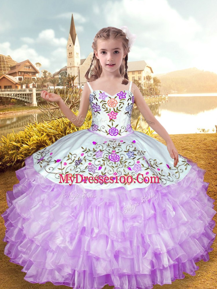 Floor Length Lilac Kids Pageant Dress Straps Sleeveless Lace Up