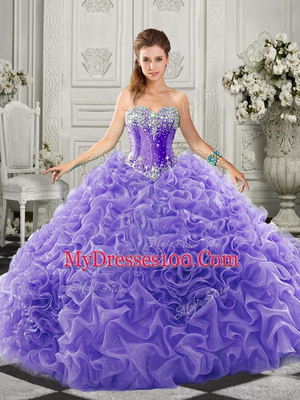 Best Selling Sweetheart Sleeveless Court Train Lace Up Quinceanera Gowns Lavender Organza