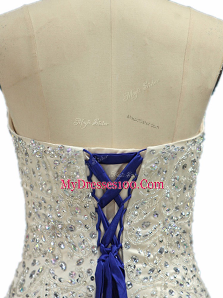 Customized Sweetheart Sleeveless 15th Birthday Dress Floor Length Beading Royal Blue Tulle