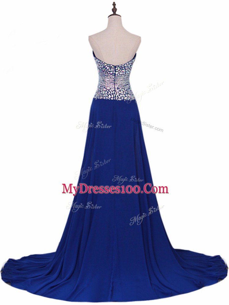 Elegant Royal Blue Sleeveless Brush Train Beading Homecoming Dress