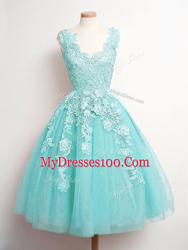 Simple Aqua Blue A-line Lace Wedding Party Dress Lace Up Tulle Sleeveless Knee Length