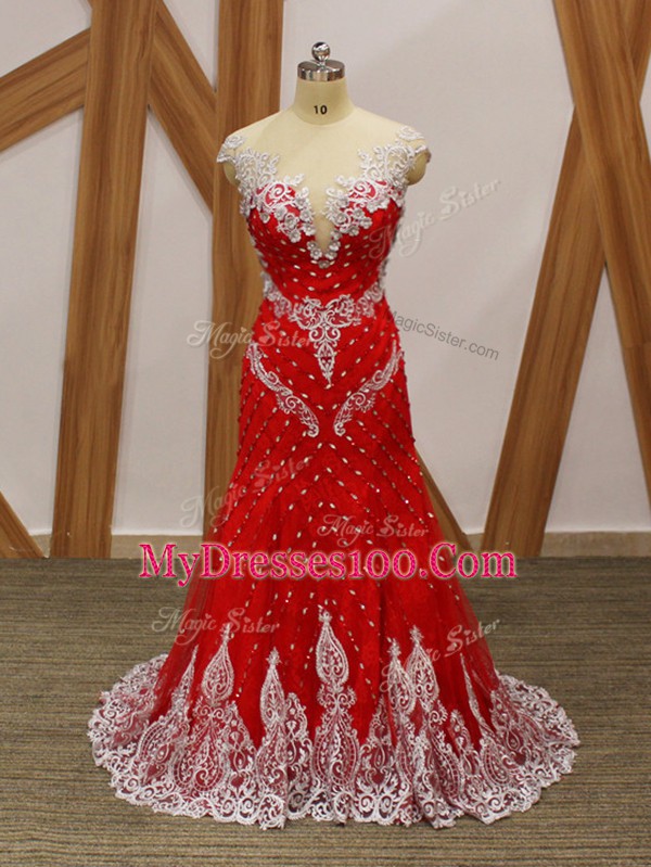 Red Zipper V-neck Beading and Lace and Appliques Dress for Prom Tulle Cap Sleeves Brush Train