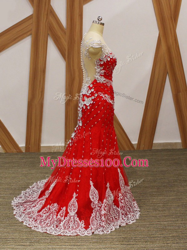 Red Zipper V-neck Beading and Lace and Appliques Dress for Prom Tulle Cap Sleeves Brush Train