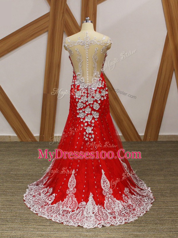 Red Zipper V-neck Beading and Lace and Appliques Dress for Prom Tulle Cap Sleeves Brush Train