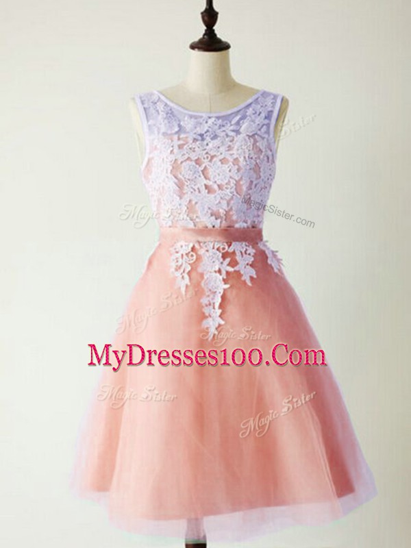 Cheap Peach Scoop Neckline Lace Quinceanera Dama Dress Sleeveless Lace Up