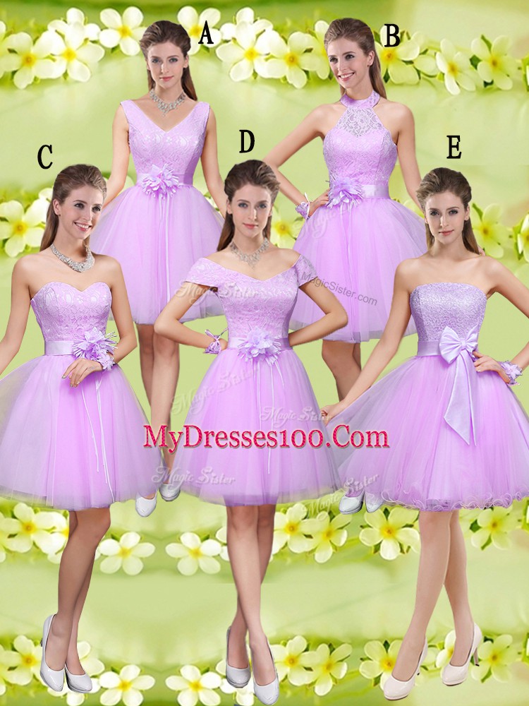 Trendy Lilac A-line Tulle Sweetheart Sleeveless Lace and Belt Knee Length Lace Up Bridesmaids Dress