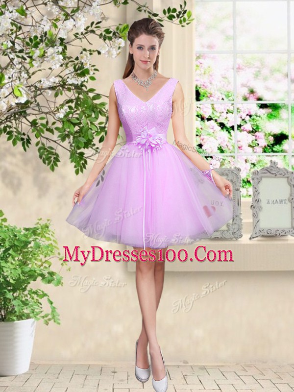 Trendy Lilac A-line Tulle Sweetheart Sleeveless Lace and Belt Knee Length Lace Up Bridesmaids Dress