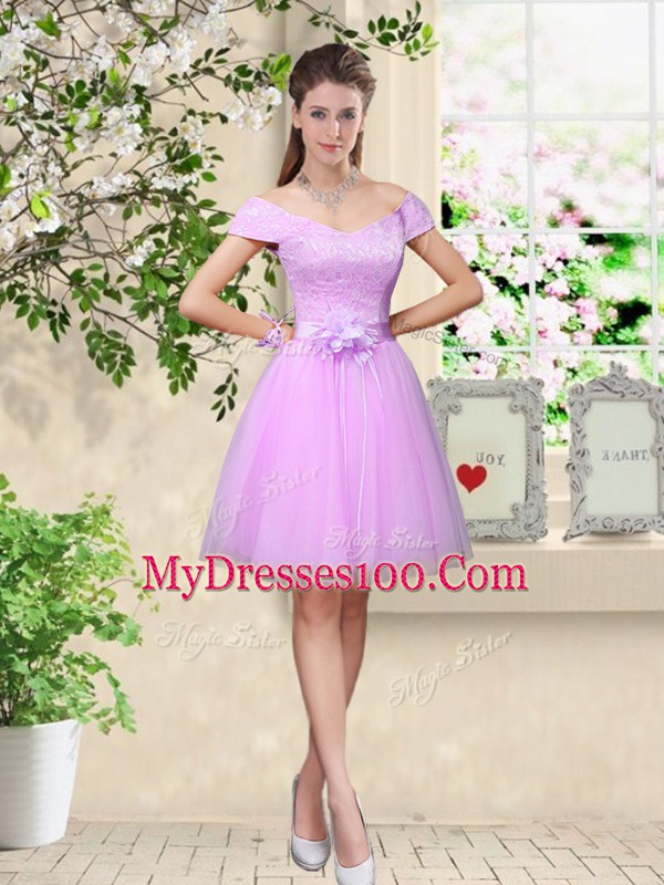 Trendy Lilac A-line Tulle Sweetheart Sleeveless Lace and Belt Knee Length Lace Up Bridesmaids Dress