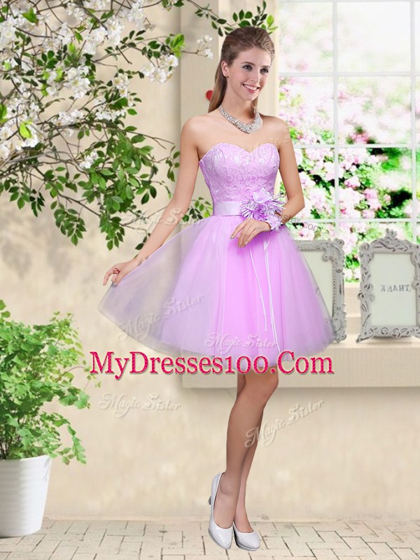 Trendy Lilac A-line Tulle Sweetheart Sleeveless Lace and Belt Knee Length Lace Up Bridesmaids Dress