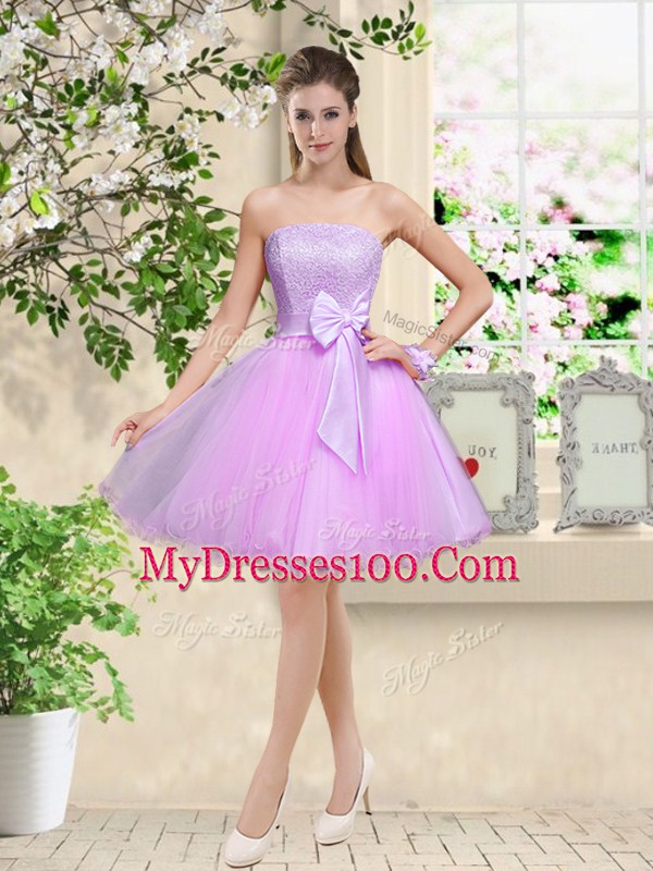Trendy Lilac A-line Tulle Sweetheart Sleeveless Lace and Belt Knee Length Lace Up Bridesmaids Dress
