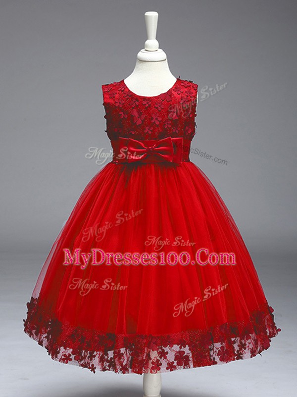 Sleeveless Zipper Tea Length Appliques and Bowknot Child Pageant Dress