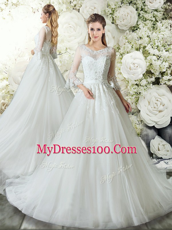 Customized White 3 4 Length Sleeve Court Train Lace Wedding Dress