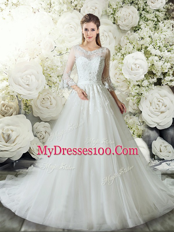 Customized White 3 4 Length Sleeve Court Train Lace Wedding Dress