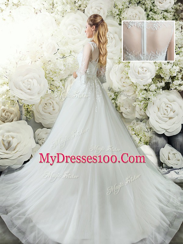 Customized White 3 4 Length Sleeve Court Train Lace Wedding Dress