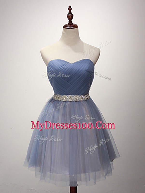 Elegant Blue Lace Up Sweetheart Beading and Ruching Court Dresses for Sweet 16 Tulle Sleeveless