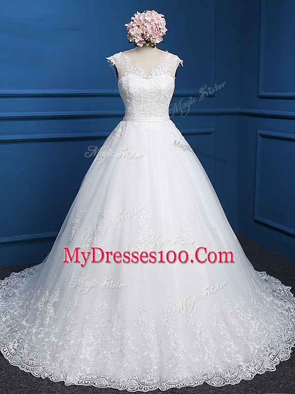 Sleeveless Brush Train Backless Lace and Appliques Wedding Gowns