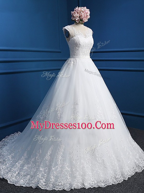 Sleeveless Brush Train Backless Lace and Appliques Wedding Gowns