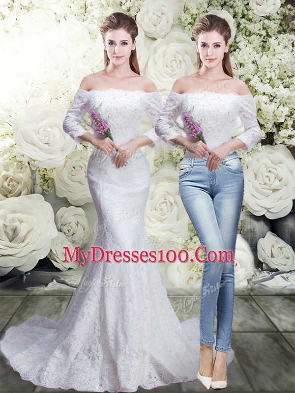 Flare White 3 4 Length Sleeve Lace Lace Up Bridal Gown