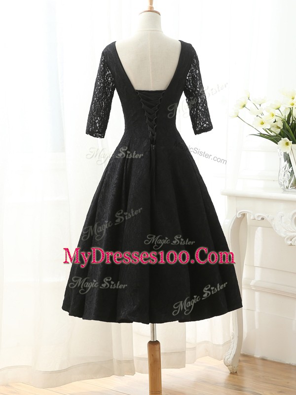 Great Lace V-neck Half Sleeves Lace Up Lace and Appliques Prom Gown in Black