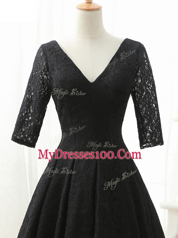 Great Lace V-neck Half Sleeves Lace Up Lace and Appliques Prom Gown in Black
