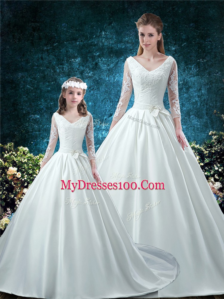White Satin Lace Up V-neck 3 4 Length Sleeve Sweet 16 Dress Chapel Train Lace and Belt
