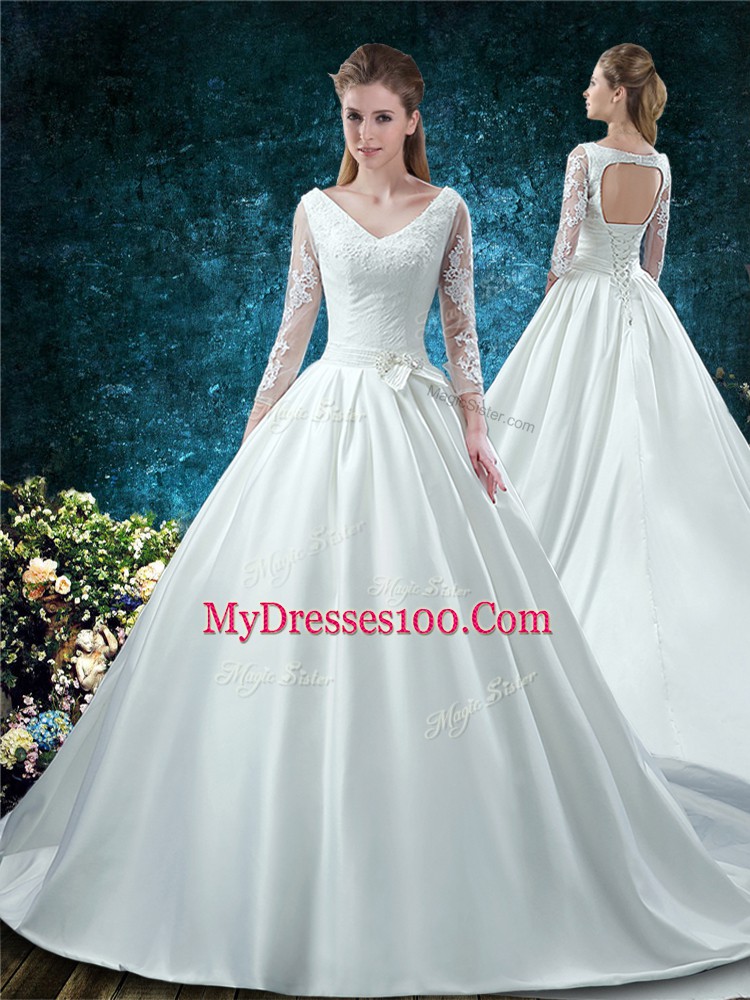 White Satin Lace Up V-neck 3 4 Length Sleeve Sweet 16 Dress Chapel Train Lace and Belt