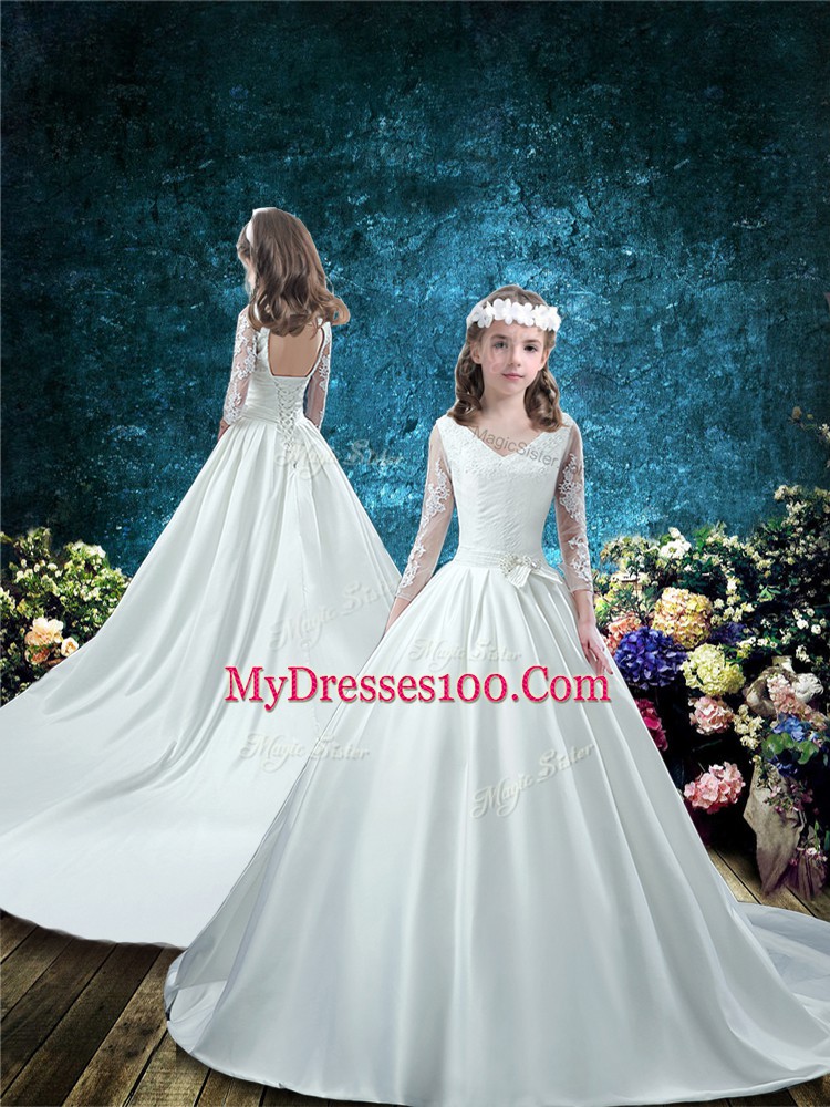 White Satin Lace Up V-neck 3 4 Length Sleeve Sweet 16 Dress Chapel Train Lace and Belt