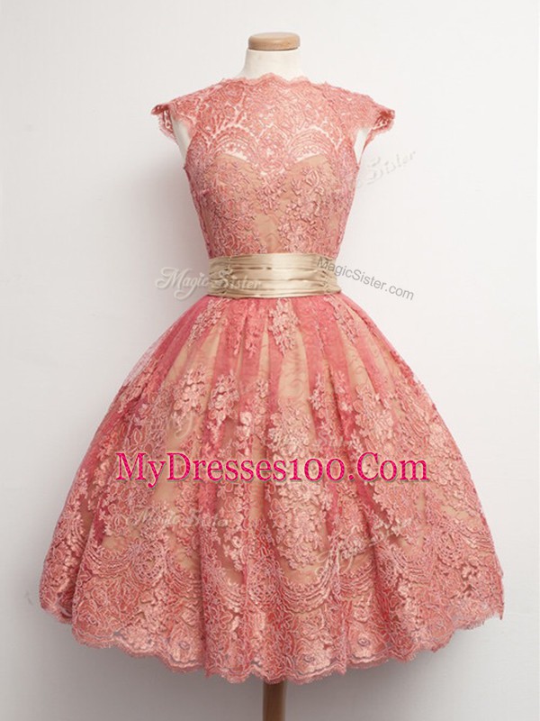Elegant Lace Cap Sleeves Knee Length Bridesmaid Gown and Belt