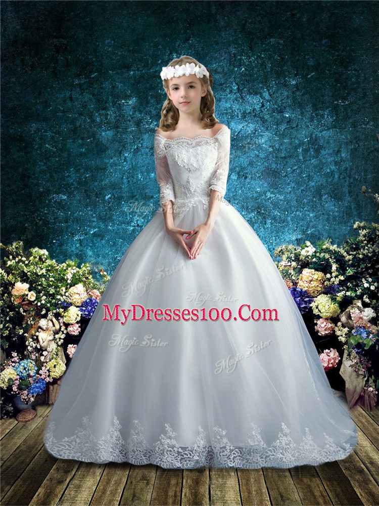 Pretty White Ball Gowns Lace Toddler Flower Girl Dress Clasp Handle Tulle Half Sleeves