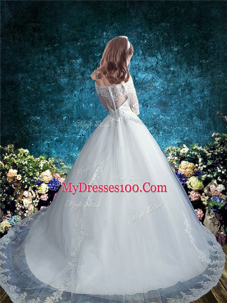 Pretty White Ball Gowns Lace Toddler Flower Girl Dress Clasp Handle Tulle Half Sleeves