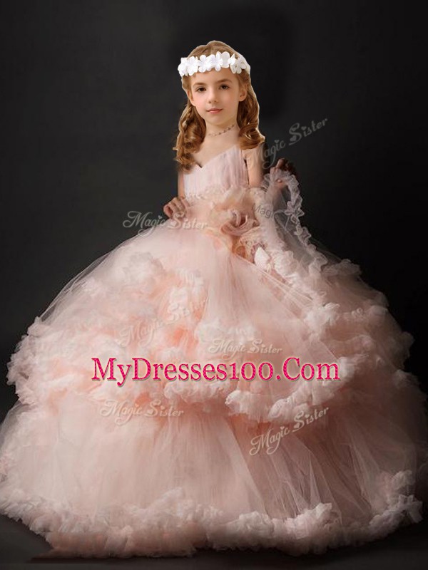 Pink Criss Cross Kids Formal Wear Hand Made Flower Sleeveless Brush Train