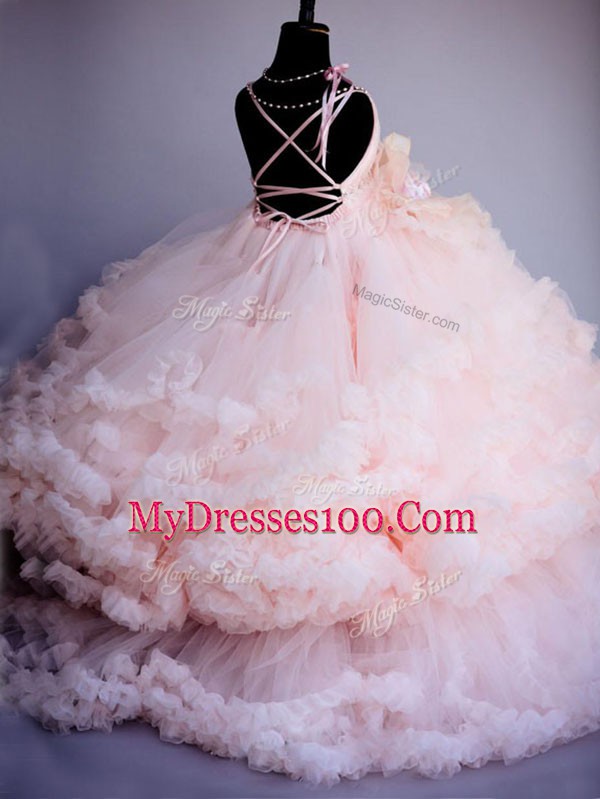 Pink Criss Cross Kids Formal Wear Hand Made Flower Sleeveless Brush Train