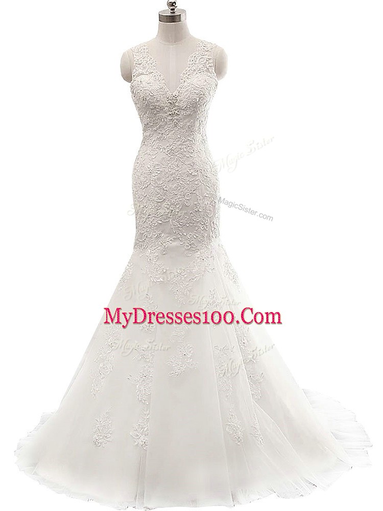 White Mermaid V-neck Sleeveless Tulle Brush Train Clasp Handle Lace Wedding Dresses