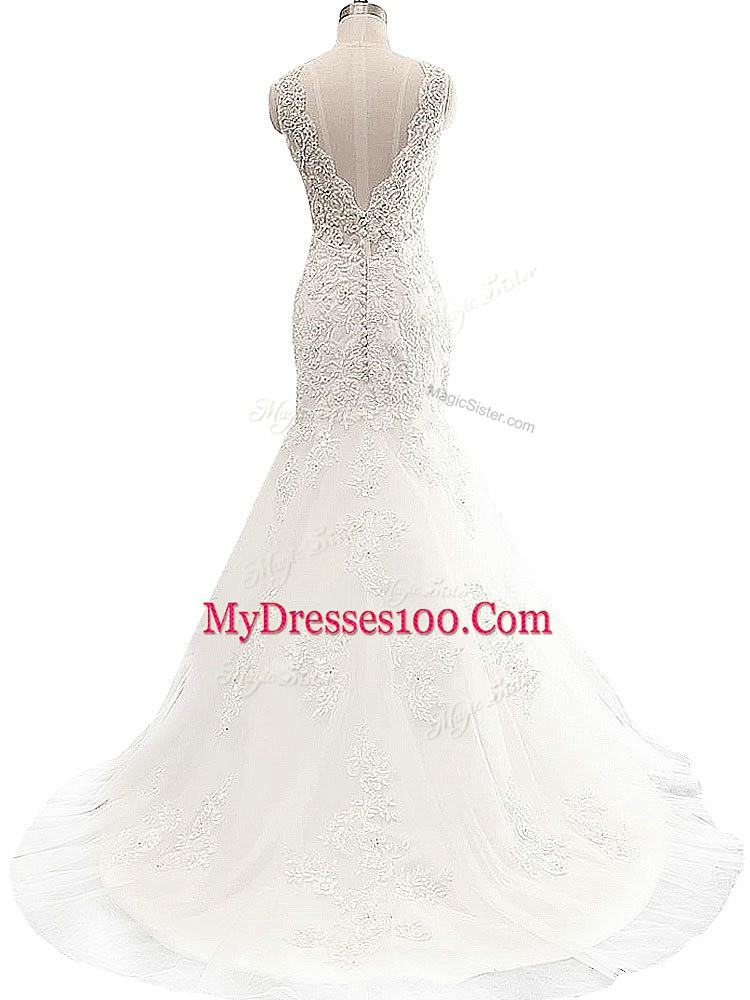 White Mermaid V-neck Sleeveless Tulle Brush Train Clasp Handle Lace Wedding Dresses