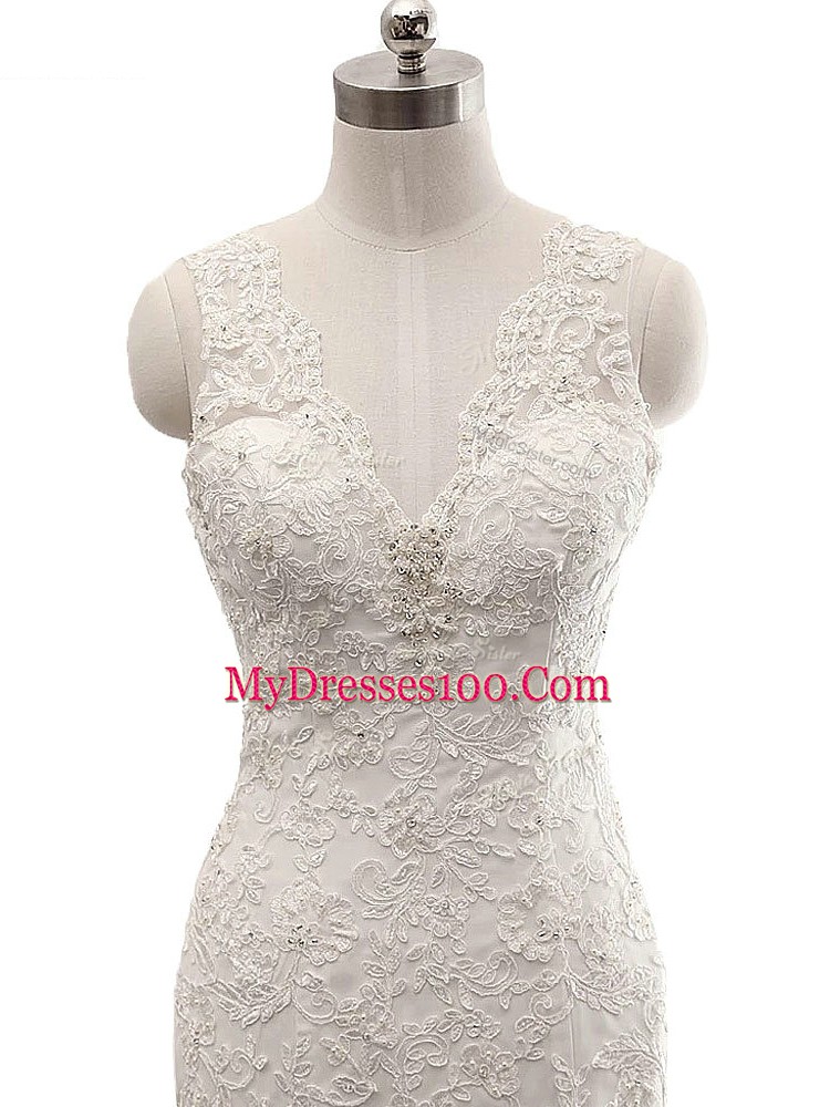 White Mermaid V-neck Sleeveless Tulle Brush Train Clasp Handle Lace Wedding Dresses