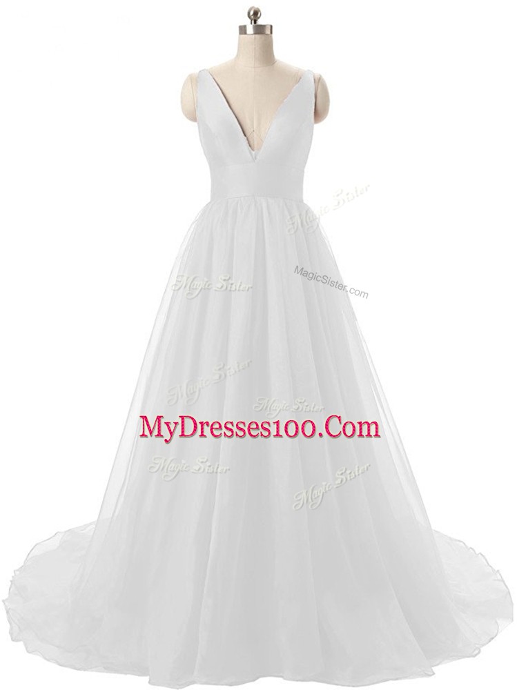 High Quality White Backless Dress for Prom Ruching Sleeveless Brush Train