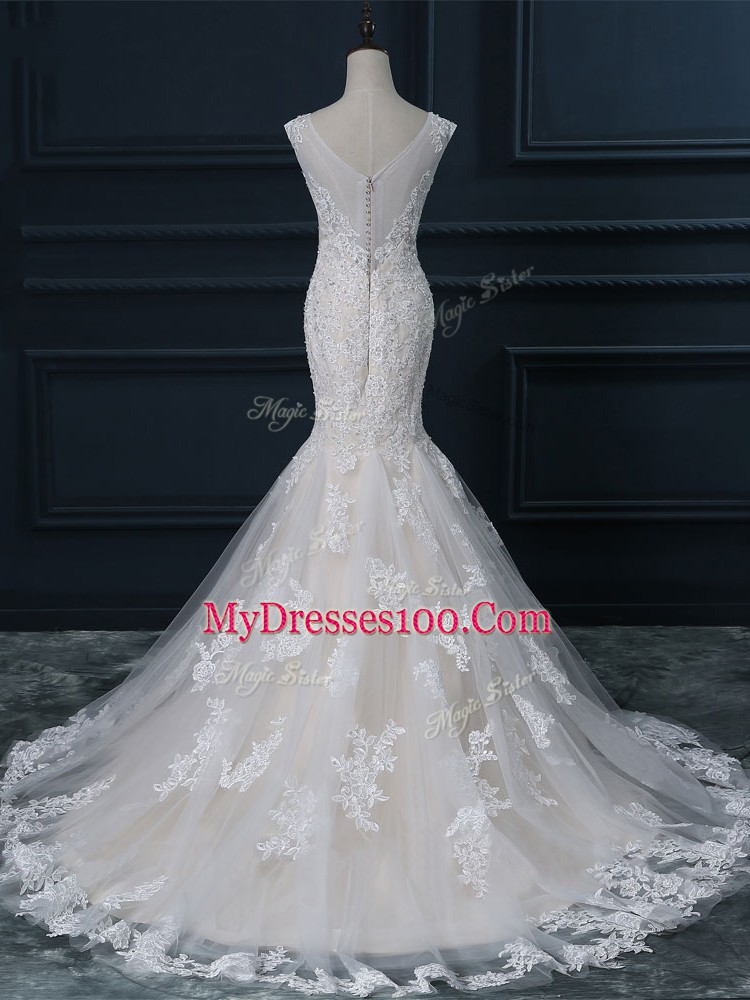 Pretty Sleeveless Tulle Brush Train Zipper Bridal Gown in White with Lace