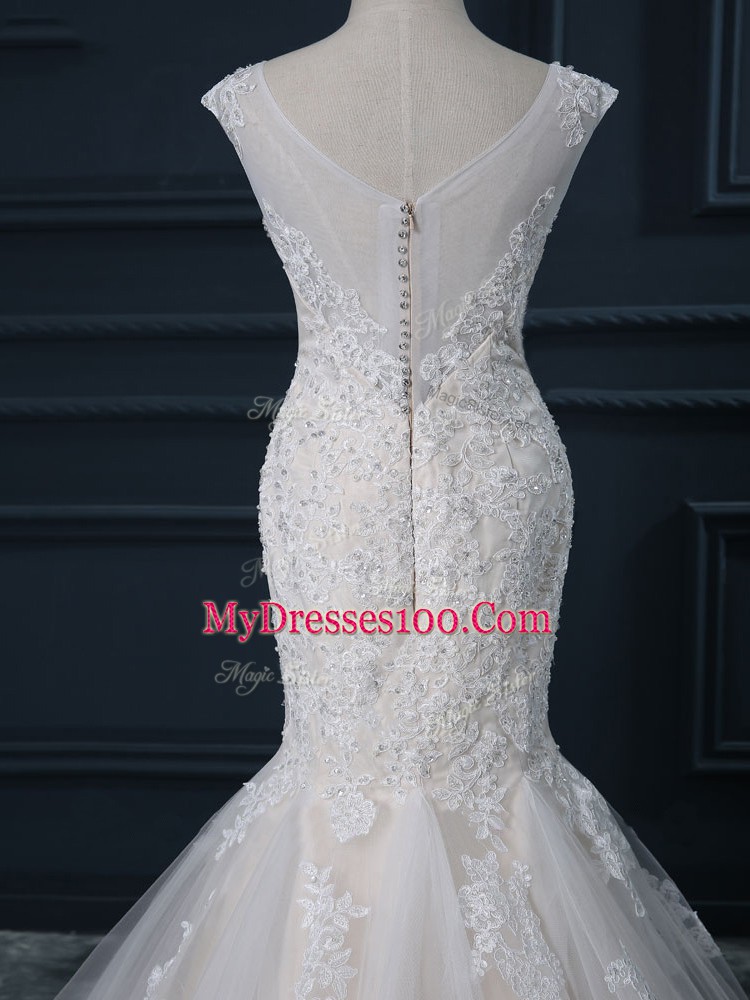 Pretty Sleeveless Tulle Brush Train Zipper Bridal Gown in White with Lace
