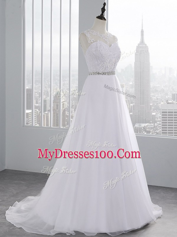 Pretty White A-line Chiffon Scalloped Sleeveless Beading and Lace Zipper Wedding Dresses Brush Train