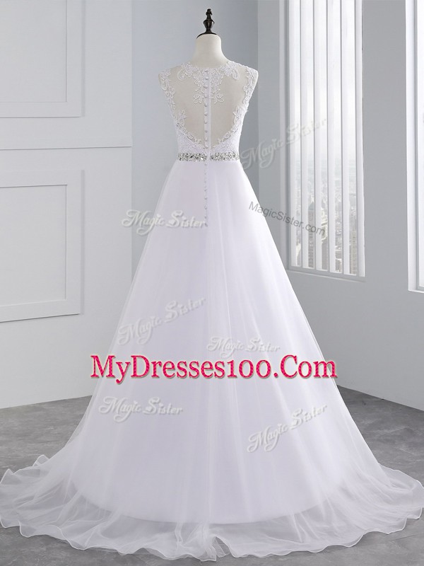 Pretty White A-line Chiffon Scalloped Sleeveless Beading and Lace Zipper Wedding Dresses Brush Train
