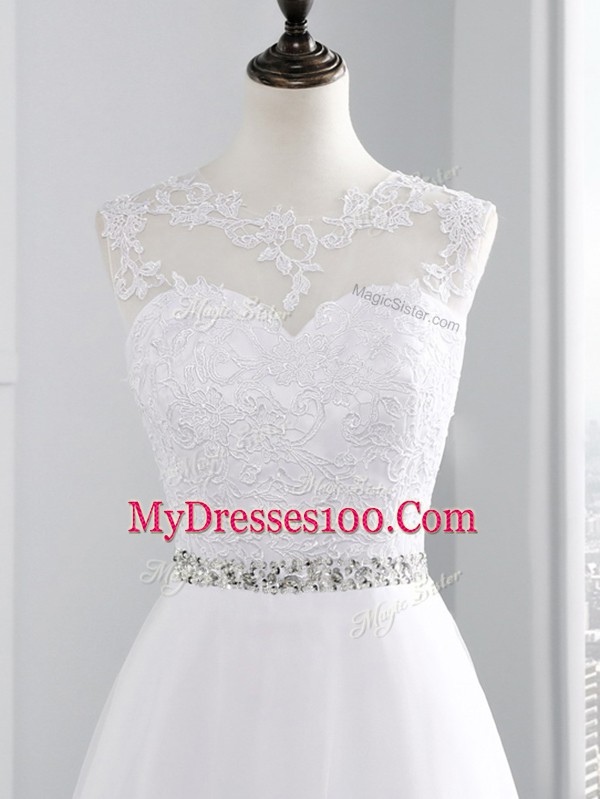 Pretty White A-line Chiffon Scalloped Sleeveless Beading and Lace Zipper Wedding Dresses Brush Train