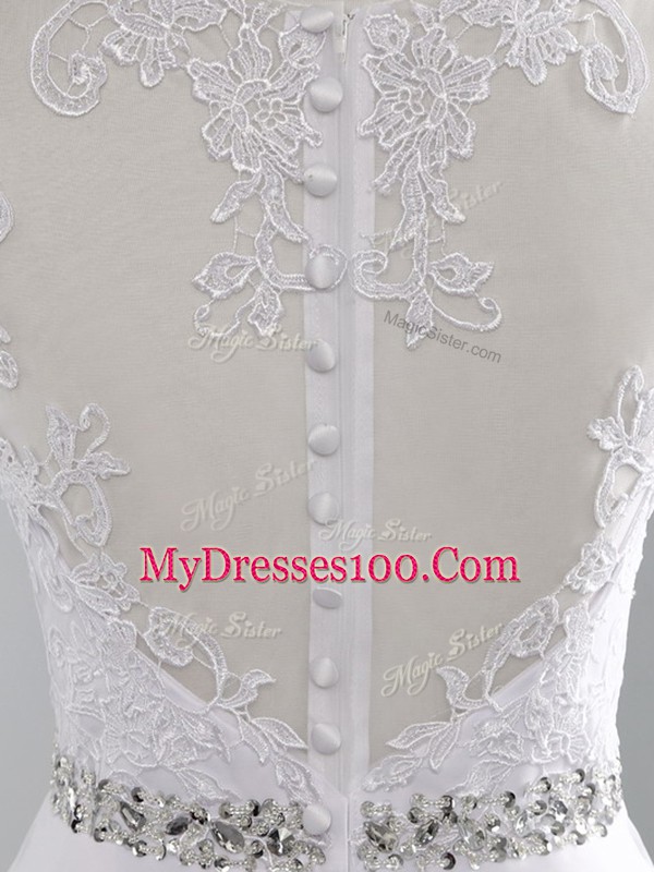 Pretty White A-line Chiffon Scalloped Sleeveless Beading and Lace Zipper Wedding Dresses Brush Train