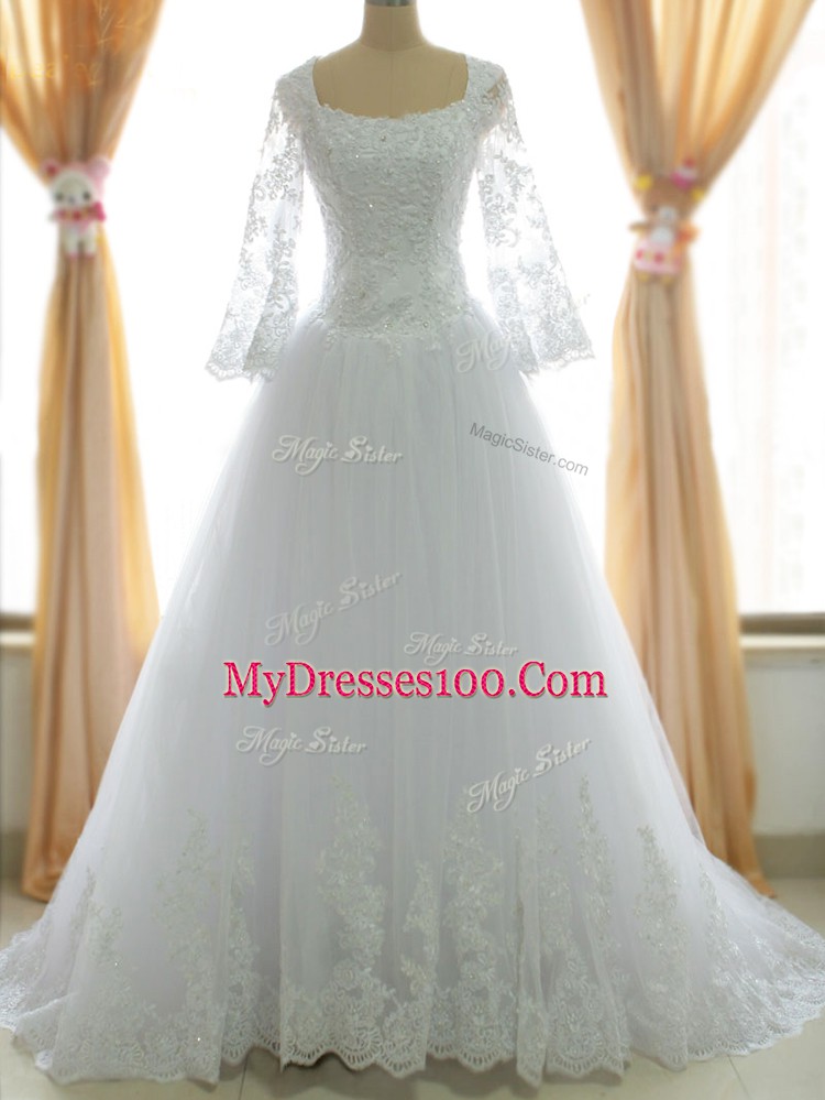 Sweet White Bridal Gown Beach and Wedding Party with Lace and Appliques Square Sleeveless Brush Train Zipper