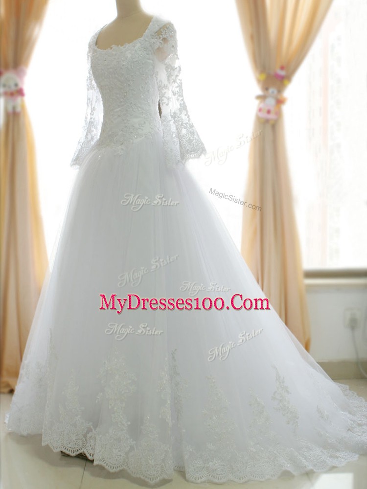 Sweet White Bridal Gown Beach and Wedding Party with Lace and Appliques Square Sleeveless Brush Train Zipper