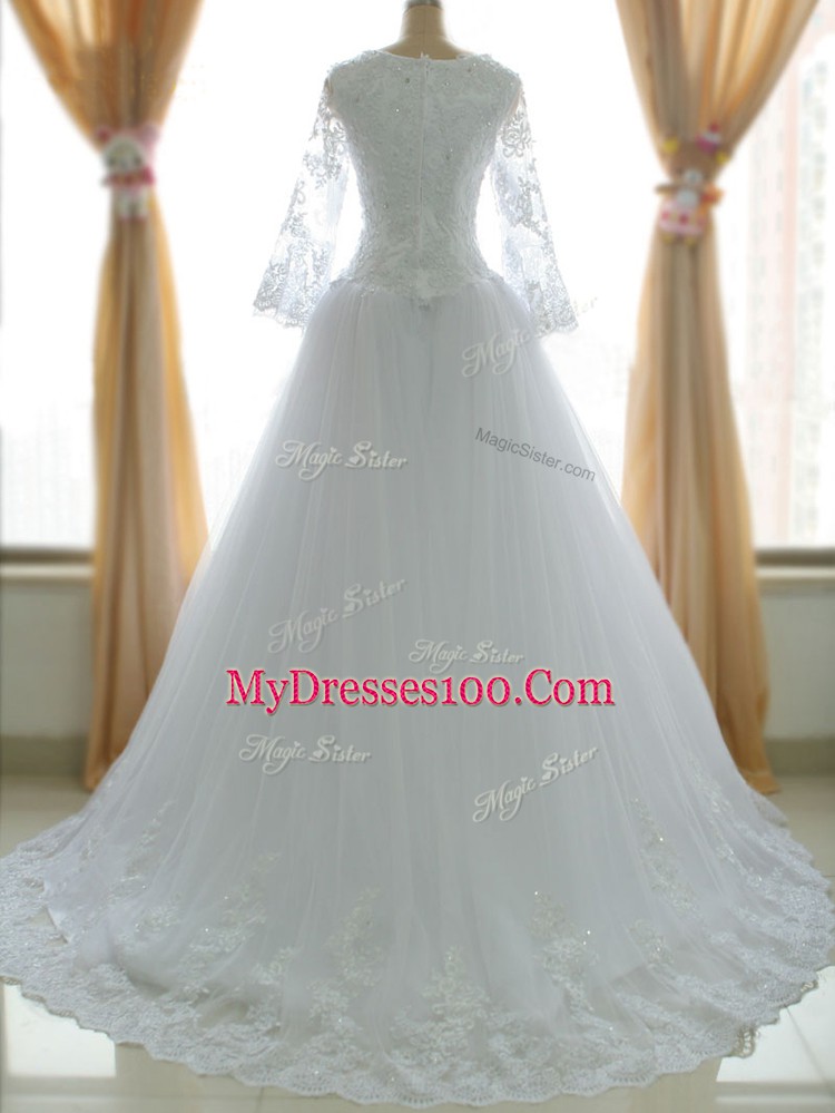 Sweet White Bridal Gown Beach and Wedding Party with Lace and Appliques Square Sleeveless Brush Train Zipper