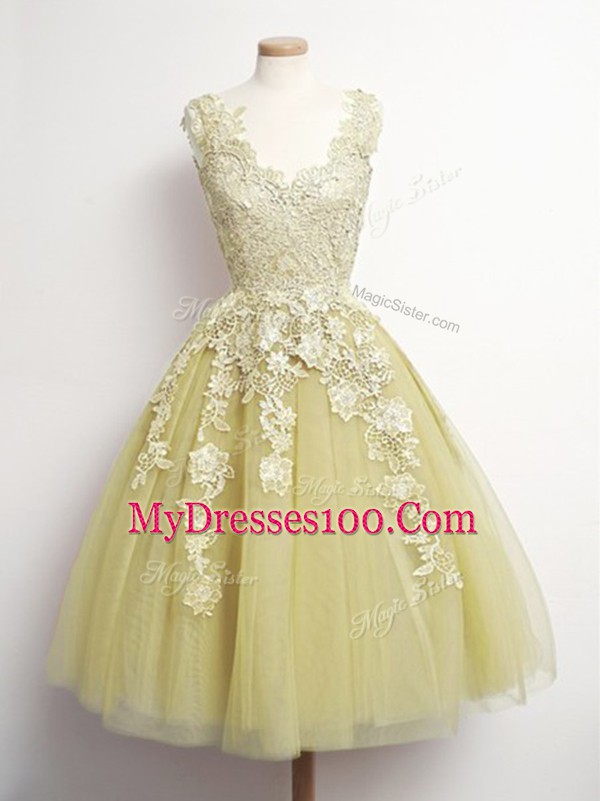 Unique Sleeveless Lace Up Knee Length Appliques Bridesmaids Dress