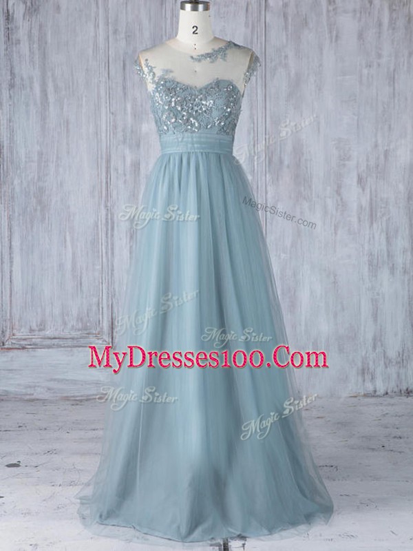Tulle Scoop Cap Sleeves Zipper Appliques Quinceanera Court of Honor Dress in Grey