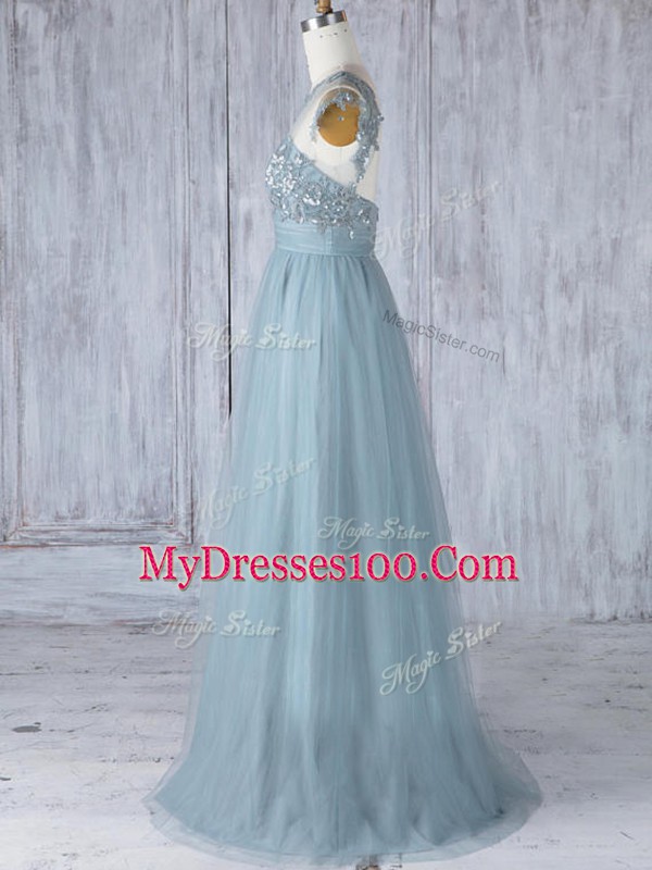 Tulle Scoop Cap Sleeves Zipper Appliques Quinceanera Court of Honor Dress in Grey