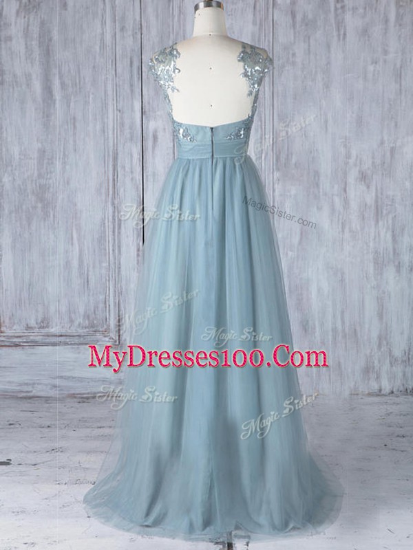 Tulle Scoop Cap Sleeves Zipper Appliques Quinceanera Court of Honor Dress in Grey